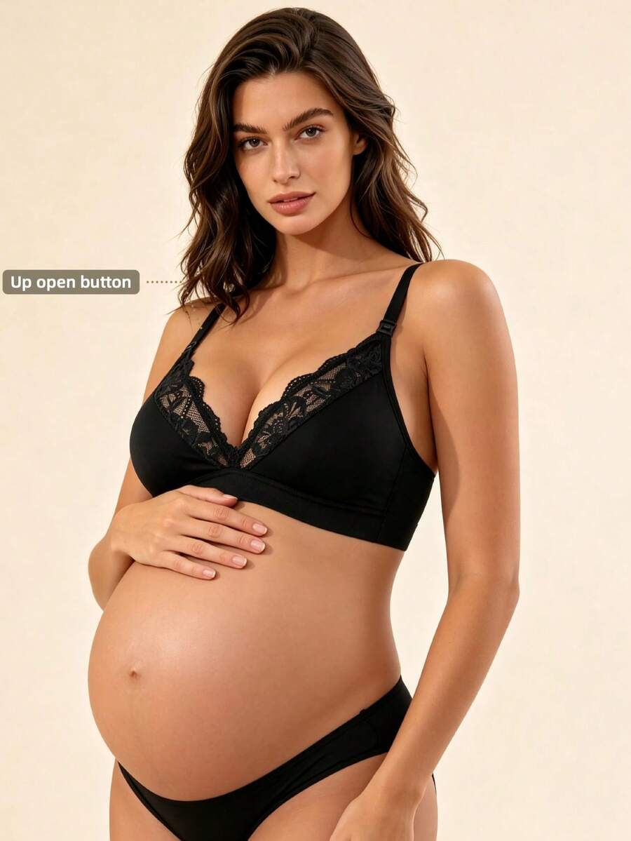 Hart & Haze 1pc Lace Patchwork Wireless Nursing Bra Without Padding - Black - View 1