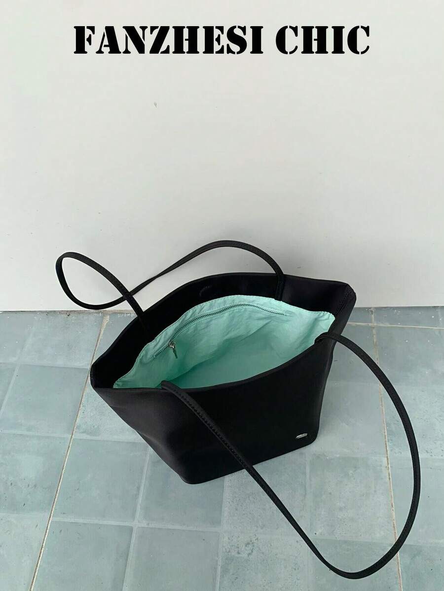 Minimalist Large Capacity Tote Bag With Soft Nylon Material, Gentle Contrast Color Lining Design, Can Store Books And Laptop, Versatile Commuter Shoulder Bag For Girls - Black - View 1