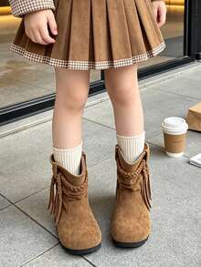 1 Pair Kids' Vintage Ruched Mid-Calf Boots, Woven Lace Drawstring Decor Soft Surface Boots, Suitable For Casual Outings, Holiday Gatherings, Autumn/Winter - Khaki - View 4