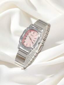 Disu 1pc Women's Pink Stainless Steel Band Classic Fashion Oval Diamond Quartz Watch. Suitable For Daily Wear - Pink - View 1