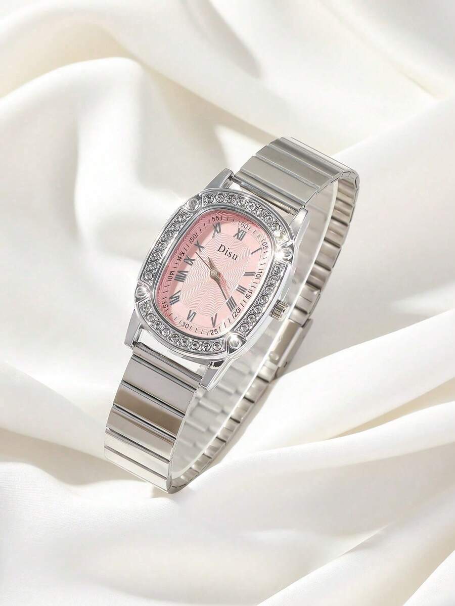 Disu 1pc Women's Pink Stainless Steel Band Classic Fashion Oval Diamond Quartz Watch. Suitable For Daily Wear - Pink - View 1