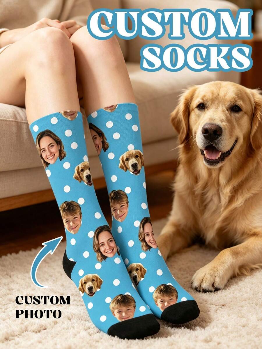 1 Pair Unisex Customized Face, Pet Dog And White Polka Dot Pattern Blue Knitted Novelty Socks, Suitable For Gift Occasions And Daily Wear - Multicolor - View 1