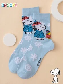 1 Pair SNOOPY Series Authentic Puppy Snowflake Pattern Fun Personalized Cartoon Men's Mid-Calf Socks, Christmas Style - Multicolor - View 6