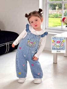 Baby Girl Sweet Floral Embroidered Denim Overalls With 2-Button Adjustable Shoulder Straps, Loose Comfortable Straight Leg Jumpsuit - Light Wash - View 2