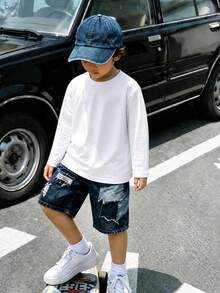 1pc Tween Boy American Street Style Solid Color Plain Long Sleeve T-Shirt, White Loose Fit Inner Layer Top For Spring And Autumn - White - View 2