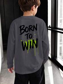 1pc Tween Boys Neon Green Paint Splatter BORN TO WIN Inspirational Dark Gray Long Sleeve T-Shirt, American Street Style Loose Fit Top For Boys And Girls, Spring And Autumn - Dark Grey - View 2