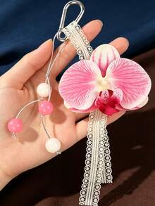 1Pc Elegant Floral Keychain, Artificial Orchid Beaded Lace Tassel Bag Charm, Delicate Metal Clasp Ornament Ideal Gift - Multicolor - View 3