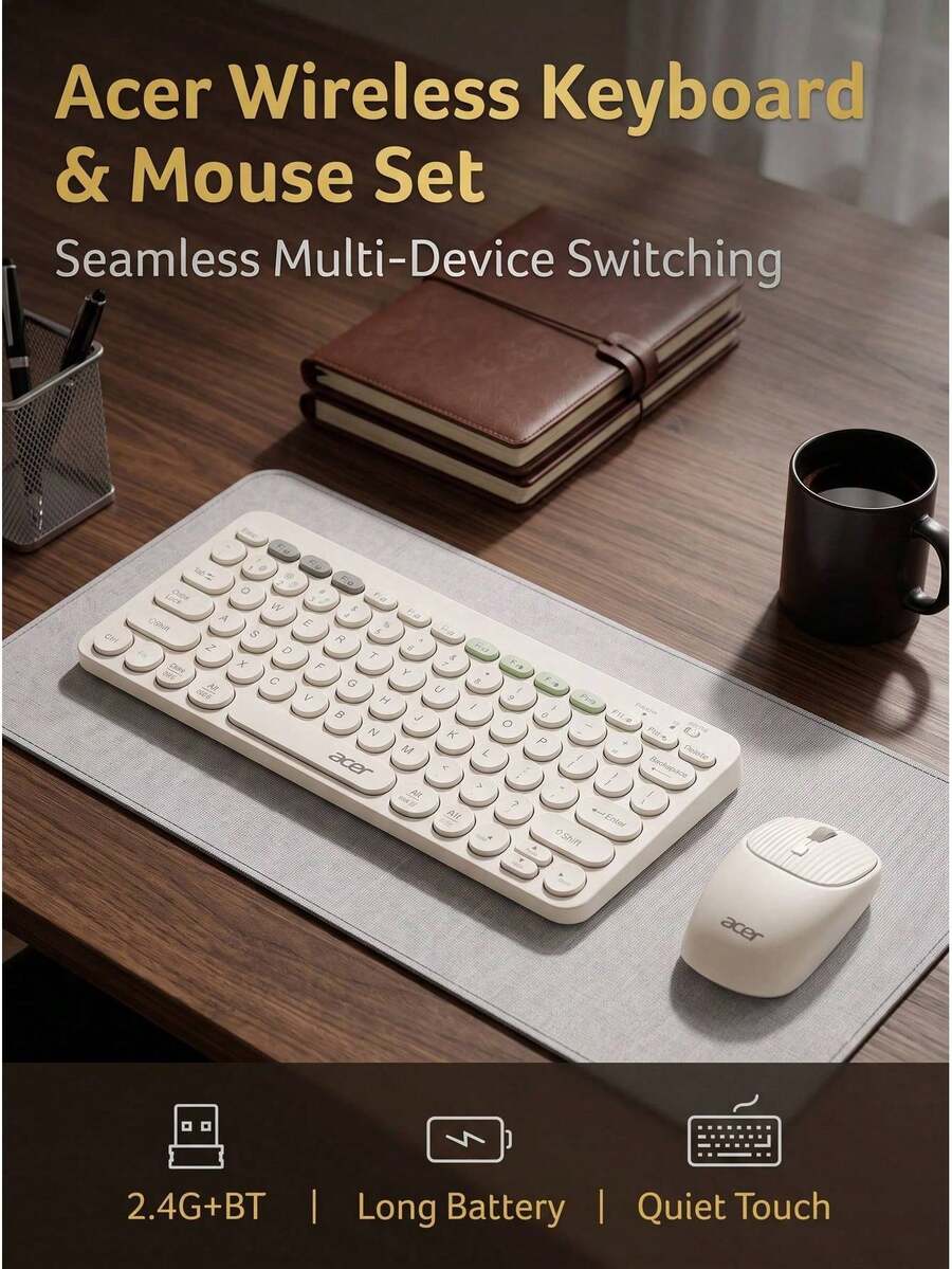 Acer Dual-Mode Wireless Charging Keyboard And Mouse Set, 2.4G Bluetooth Silent Round Keycaps, Color-Block Portable Office Keyboard And Mouse, Compatible With Multiple Devices - View 1
