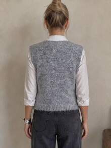 Wixra Women's V‑Neck Button Front Sleeveless Knit Vest Cardigan, Fuzzy Loose Fit Knit Waistcoat - Grey - View 2