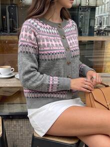 Women's Fall Winter Grey Fair Isle Knit Cardigan, Round Neck Single Breasted Long Sleeve, Retro Geometric Pattern Cropped Sweater Coat For Daily Wear - Grey - View 4
