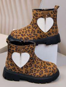 Leopard Print Heart Patchwork Children's Short Boots, Girls' Autumn/Winter New Style Thermal Lined Warm Boots With Side Zipper And Anti-Slip Sole - Brown - View 3