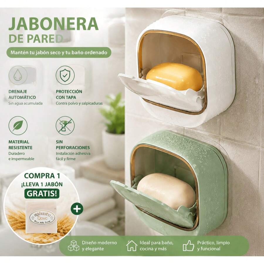 Jabonera de Pared para Baño y Cocina, Contenedor de Jabón con Tapa Protectora y Drenaje, Instalación Adhesiva sin Taladro, Diseño Moderno que Ahorra Espacio, Mantén el Jabón Separado del Agua para un Secado Más Cómodo, Fácil de Limpiar y Usar, Ideal para Regadera, Lavabo, Baño, Cocina y Hogar ideal para uso diario