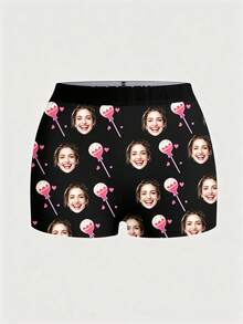 1pc Women's Customized Face & Lollipop Print -Corner Panties, Personalized Soft Casual Underwear - Black - View 3