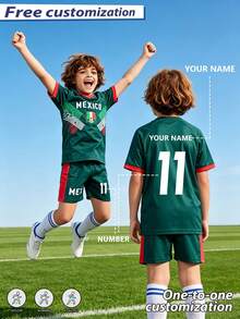 [Customized]Personalized Name Customization Celebrity Style #11 Number 2pcs Boys Girls Casual Soccer Uniform Set -Round Neck-Short Sleeve And Shorts Set- Polyester, Back To School Season Suitable For -Sports -Training And Casual Wear, Outdoor Perfect Choice - Green - View 6