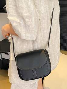 女款復古馬鞍斜挎包，極簡翻蓋單肩包，可調節肩帶，休閒日常小手提包 - 黑色 - 查看 8