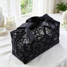 1pc Black Minimalist Fashion Makeup Storage Bag, Flocked Heart-Shaped Breathable Mesh Material Cosmetic Bag, Convenient Dual Handle Toiletry Bag, Beach Bag, Suitable For Travel And Outdoor Use - Black - View 2