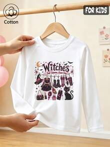 Halloween Girls Cotton Raglan Long Sleeve T-Shirt, Witches Just Wanna Have Fun Print, Cute Sweet Preppy Style - White - View 1