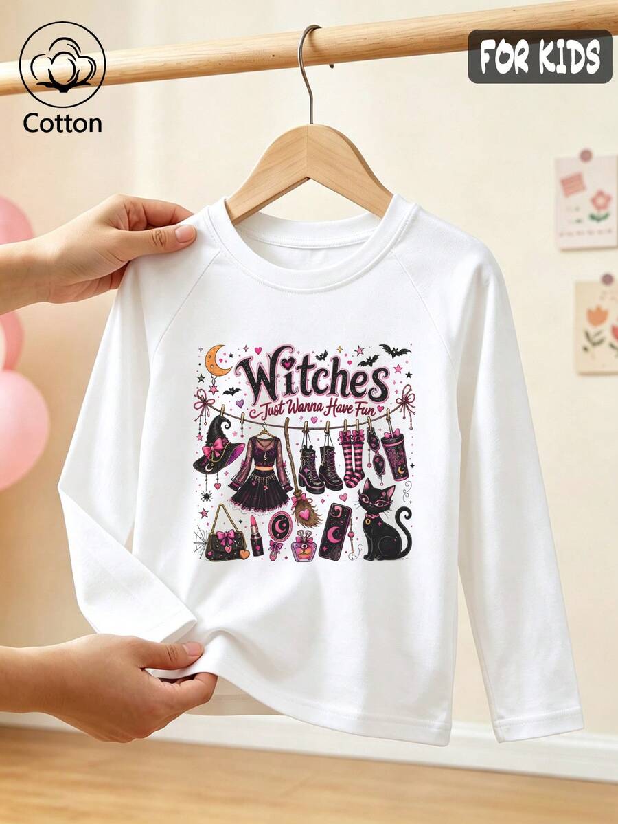 Halloween Girls Cotton Raglan Long Sleeve T-Shirt, Witches Just Wanna Have Fun Print, Cute Sweet Preppy Style - White - View 1