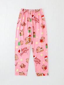 3pcs/Set Girls Casual Christmas Cartoon Capybara Print Lapel Long Sleeve Cardigan And Shorts/Pants Pajama Set Flame Retardant Christmas All Season - Pink - View 9