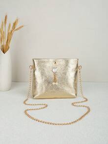 Damen Metallic Crackle Polyester Ketten Umhängetasche, modische Perlen Dekor Schultertasche, Gold Silber Farboptionen, lässige tägliche Party Handtasche - Gold - Übersicht 3
