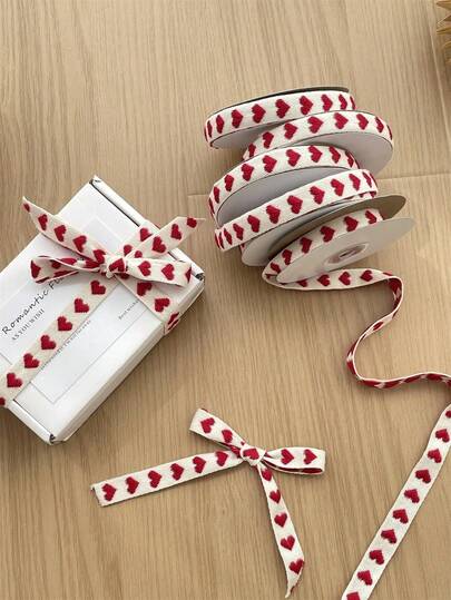 5mm Multi-Color Holiday Decorative Satin Ribbon, Heart Print, Gift Wrapping Woven Cord, DIY Korean Style Floral Woven Cord, Cake & Birthday Gift Box/Gift Wrapping Woven Bow/Bouquet Gift Cake Floral Satin Ribbon, Back To School Season Christmas New Year