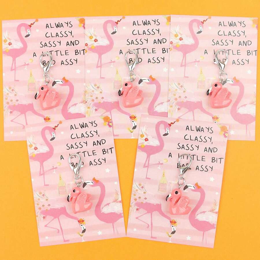 5pcs/10pcs Pink Flamingo Lobster Clasp Keychain, "Always Classy, Sassy And A Little Bit Bad Assy" Paper Card, Funny Pocket Hug Keepsake Gift - Multicolor - View 1