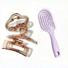 Sisir Rambut Macaron dengan Desain Rusuk Berongga, Dapat Digunakan Basah & Kering, Sikat Pijat Praktis untuk Perawatan Rambut di Rumah, Set Sisir Aksesori Rambut - 1 buah sisir tipe O + 3 buah jepit rambut - View 1