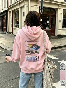Autumn/Winter Casual Women's Hooded Long Sleeve Sweatshirt With Oil Painting Tool Print, Sporty Jogging Style Women's Top, Y2K Streetwear Hoodie - Nude Pink - View 7