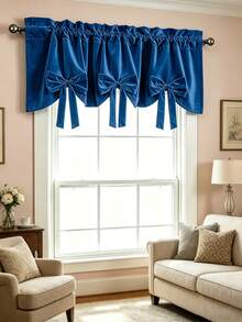 1PC New Red Bow Velvet Designer Decorative Small Window Curtain, Kitchen Multi-Purpose Translucent Curtain With Rod Pocket Design, Fresh Style Finished Rod-Through Short Curtain - Royal Blue - View 5