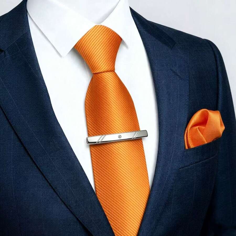 1套條紋領帶、口袋巾、領帶夾 3件組,適合商務出差、婚禮、宴會 - 亮橙色 - 查看 1