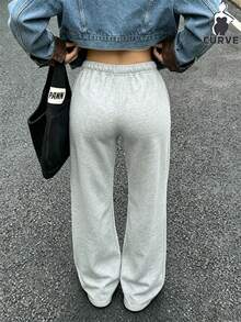 Women's Plus Size Autumn Fashion Casual Sports Long Pants, Loose Fit, Straight Leg Pants Suitable For Outdoor Activities, Hiking, Jogging, Trekking, Cycling, Holiday Gifts, Home Wear, Plus Size Women's Clothing - Grey - View 3
