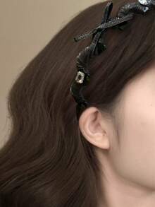 1PC Autumn/Winter Ballet Style Black & White Bow Knot Twisted Jagged Headband, Shiny Rhinestone Non-Slip Hair Hoop, Versatile Hair Accessory For Women's Daily Wear And Party - Multicolor - View 3