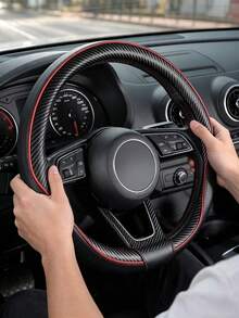 1PC Universal Carbon Fiber Steering Wheel Cover, Black Sport Style Leather Texture Auto Steering Wheel Protector With Red Stitching Detail, Non-Slip Comfortable Grip, Breathable Car Interior Accessories For Men Women Daily Commute Travel - A - View 3