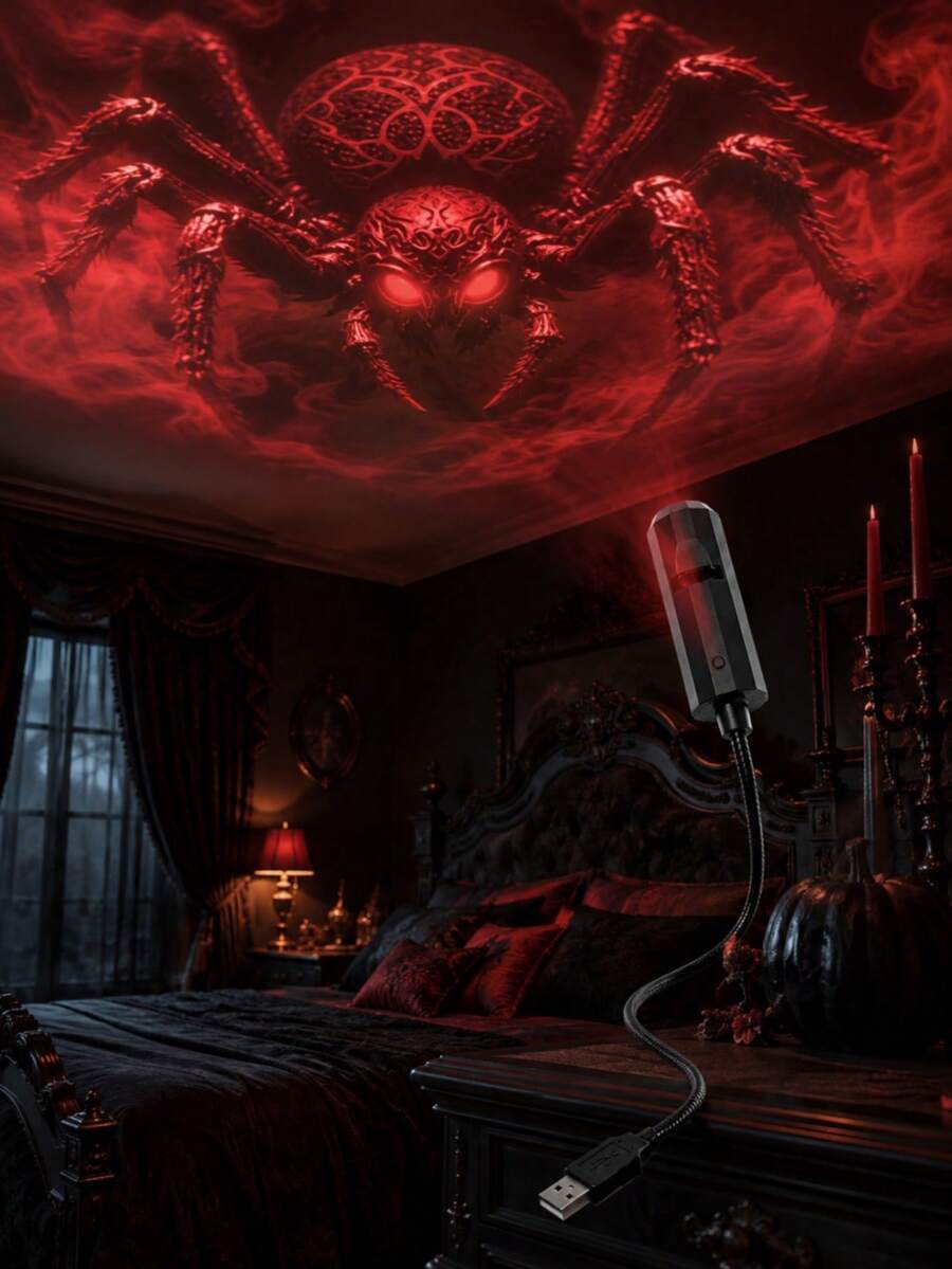 2款惡魔蜘蛛與惡魔蝙蝠特效燈，逼真360°旋轉USB供電燈，適用萬聖節臥室裝飾、鬧鬼派對與節日氛圍