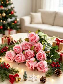 3 Pcs Pink Valentine's Day Gift Artificial Roses, Perfect For Home Decoration, Wedding Decor, Bridal Bouquets, Corsages, Bedrooms, Vase Arrangements, And Other Occasions, Plus Christmas Decorations - Pink - View 2