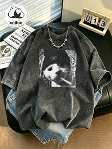 Cool Abstract Cat Print Distressed T-Shirt Women's Washed Cotton Round Neck Casual Top Vintage Style Spring Summer Fashion Shirt Women's Autumn Black - Black - View 11