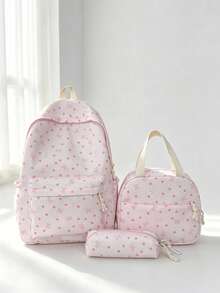 1 Set Fashionable Collegiate Style Heart/Bow Print Backpack Set, Includes Backpack, Lunch Bag And Pencil Case, With Laptop Compartment, Adjustable Shoulder Straps, Multi-Pocket Large Capacity, Multi-Function School Bag Set, Suitable For Girls/Teenagers/College Students/Graduates Daily Use/Vacation/Travel/Back To School. - Multicolor - View 1