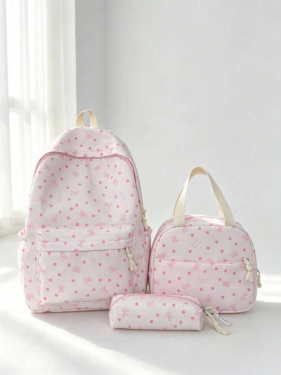 1 Set Fashionable Collegiate Style Heart/Bow Print Backpack Set, Includes Backpack, Lunch Bag And Pencil Case, With Laptop Compartment, Adjustable Shoulder Straps, Multi-Pocket Large Capacity, Multi-Function School Bag Set, Suitable For Girls/Teenagers/College Students/Graduates Daily Use/Vacation/Travel/Back To School. - Multicolor - View 1