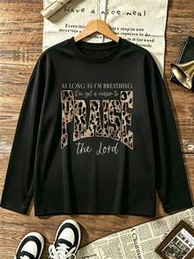 Plus Size Women's Leopard "Praise The Lord" Faith Letter Graphic Long Sleeve Tee, Moderate Stretch Crewneck Loose Christian Casual Fall Top - Black - View 2