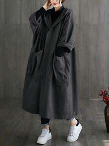 Women's Spring/Summer Artistic Chinese Style Oversized Lightweight Fabric Sheer Ultra-Thin Long Trench Coat With Large Pockets, Fashionable Button Front, Hooded Casual Versatile Jacket - Dark Grey - View 7