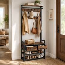 SONGMICS Garderobe mit Schuhbank, Garderobe, Garderobenständer mit 2 Stoffschubladen, 30 x 80,4 x 181,6 cm, braun-schwarz - Vintage Braun-Schwarz - Übersicht 1