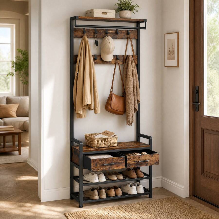SONGMICS Garderobe mit Schuhbank, Garderobe, Garderobenständer mit 2 Stoffschubladen, 30 x 80,4 x 181,6 cm, braun-schwarz - Vintage Braun-Schwarz - Übersicht 1