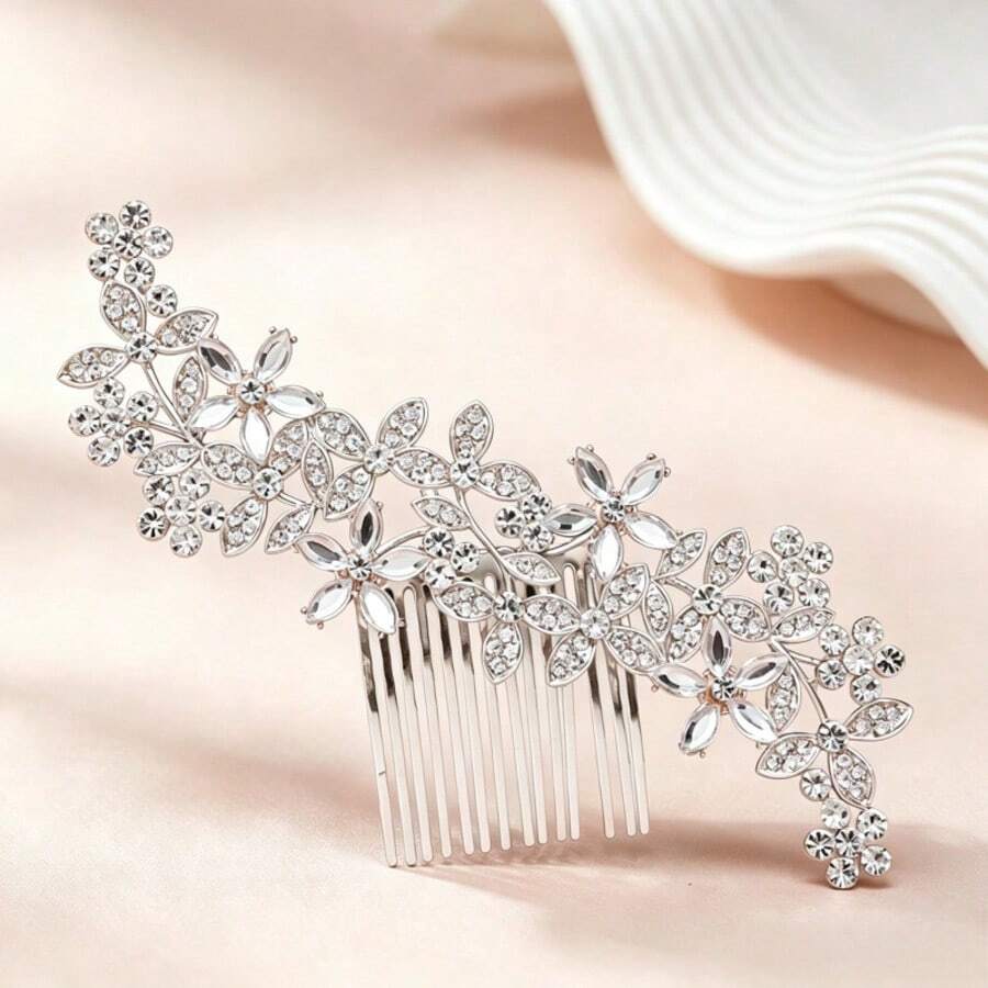 1件女款時尚高端重工水鑽花朵髮飾髮梳 - 銀色 - 查看 1