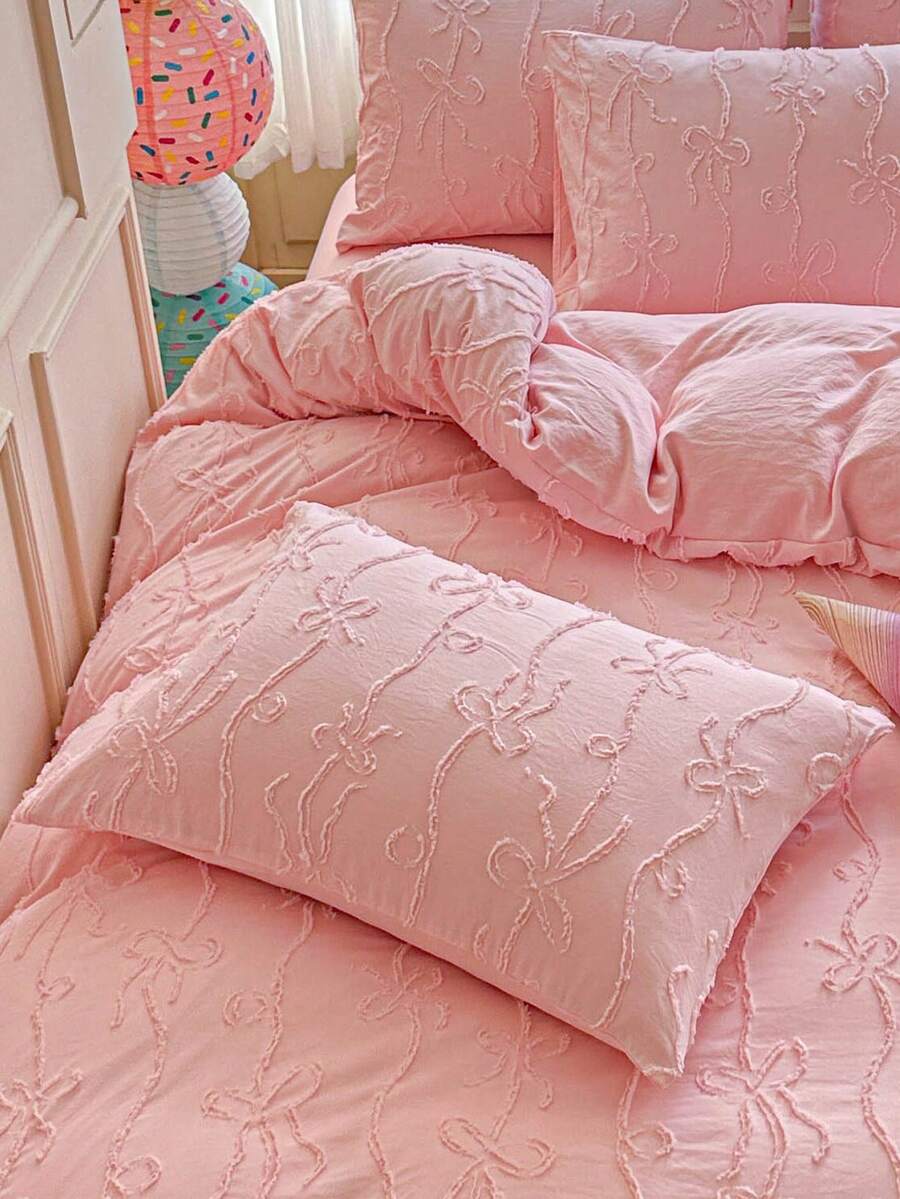 1pc Pink Cut-Out Bow Tufted Bed Pillowcase, Ins Style Cute Minimalist Textured Polyester Decorative Throw Pillow Cover, Suitable For All Seasons, Machine Washable, No Filling Included - Pink - View 1