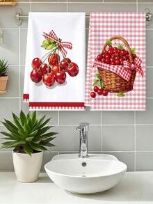 2pcs Sweet Country Style | Red Cherry Plaid Kitchen Tea Towels, Soft Absorbent Microfiber Hand Towels, Suitable For Kitchen Decor, Dining Table Decor, Bathroom Decor Towel Set, A Warm Gift For Friends And Family - Multicolor - View 1