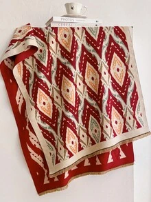 1pc Vintage Rhombus Ikat Pattern 65*180cm Shawl, Heavy Brushed Polyester Imitation Cashmere, Fall Winter Multi-Use Wrap For Trip Gathering - Multicolor - View 14