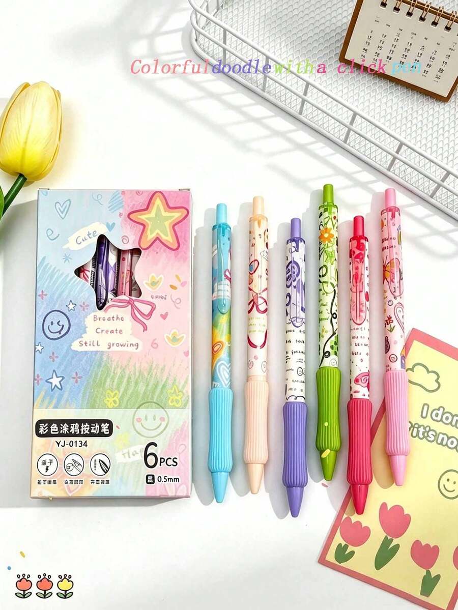 1pc/6pcs Optional Graffiti Style Retractable Gel Pen 0.5mm Black ST Tip Quick Dry Smooth Ultra Soft Comfortable Grip Student Exam Practice Writing Pen Back To School Season Classroom Reward Gift - Multicolor - View 1
