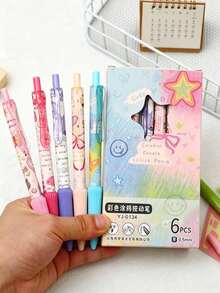 1pc/6pcs Optional Graffiti Style Retractable Gel Pen 0.5mm Black ST Tip Quick Dry Smooth Ultra Soft Comfortable Grip Student Exam Practice Writing Pen Back To School Season Classroom Reward Gift - Multicolor - View 3