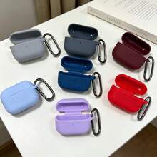 1pc Solid Color Silicone Earphone Case Compatible With AirPods With Carabiner - Red - View 2
