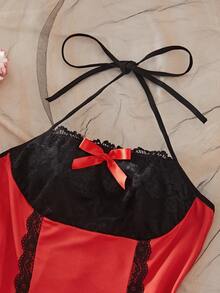 Women's Casual Fashion Nightgown, Bow Decor Lace Patchwork Pajamas, Slim Fit Design Can Be Worn As Daily Dress, Suitable For Dates, Holidays, Christmas, New Year - Red - View 9
